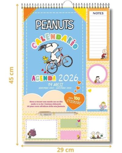 Calendario Agenda 2026 Peanuts (14 mesi) + Penna + Block notes + Stickers + Foglietti adesivi