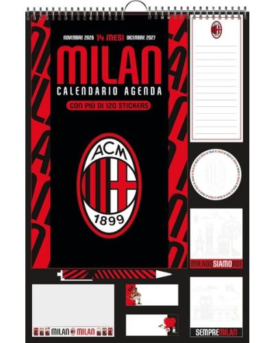 Calendario Agenda Milan 2027 (14 mesi) + Penna + Block notes + Stickers + Foglietti adesivi
